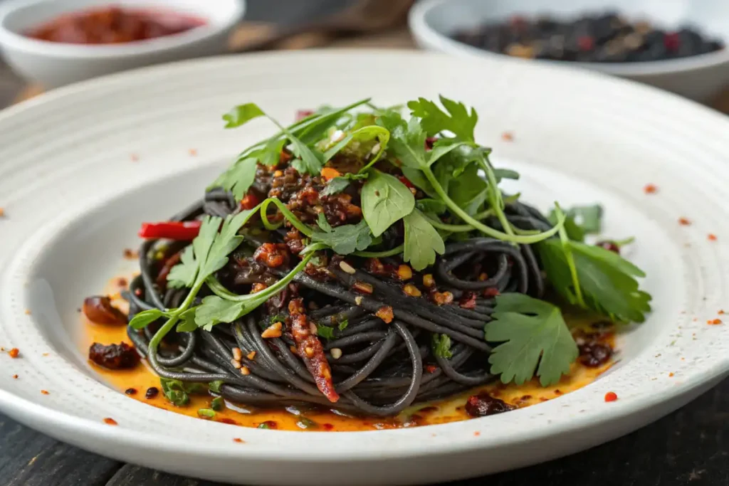 Spicy black bean pasta with garlic and chili oil garnished with herbs.