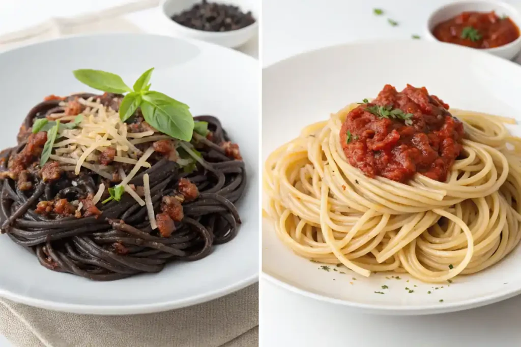 Black bean pasta and regular pasta side-by-side with sauces.