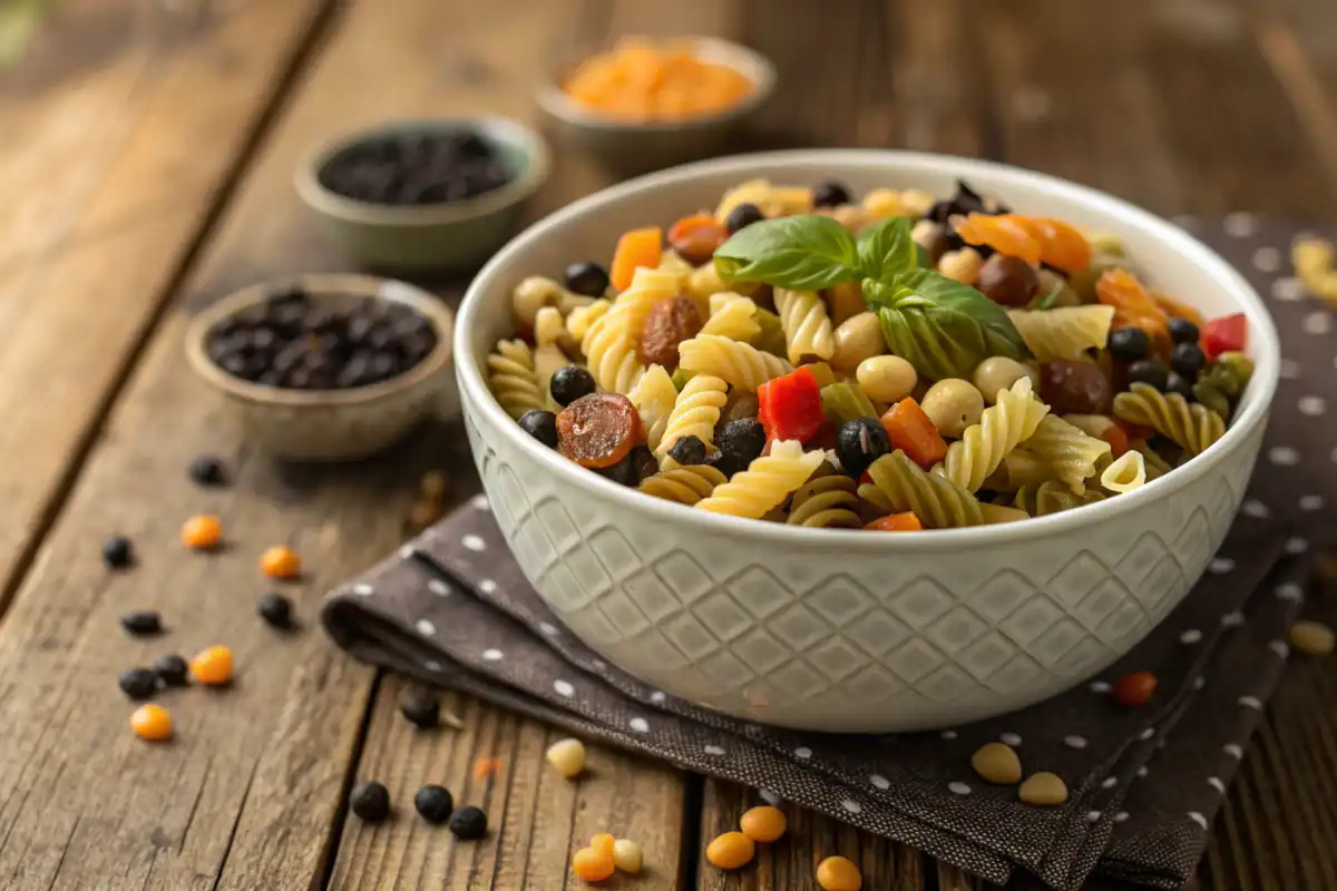 A variety of uncooked bean-based pasta displayed in a bowl.