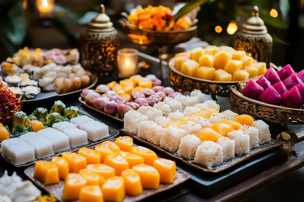 A selection of colorful and traditional Asian desserts.