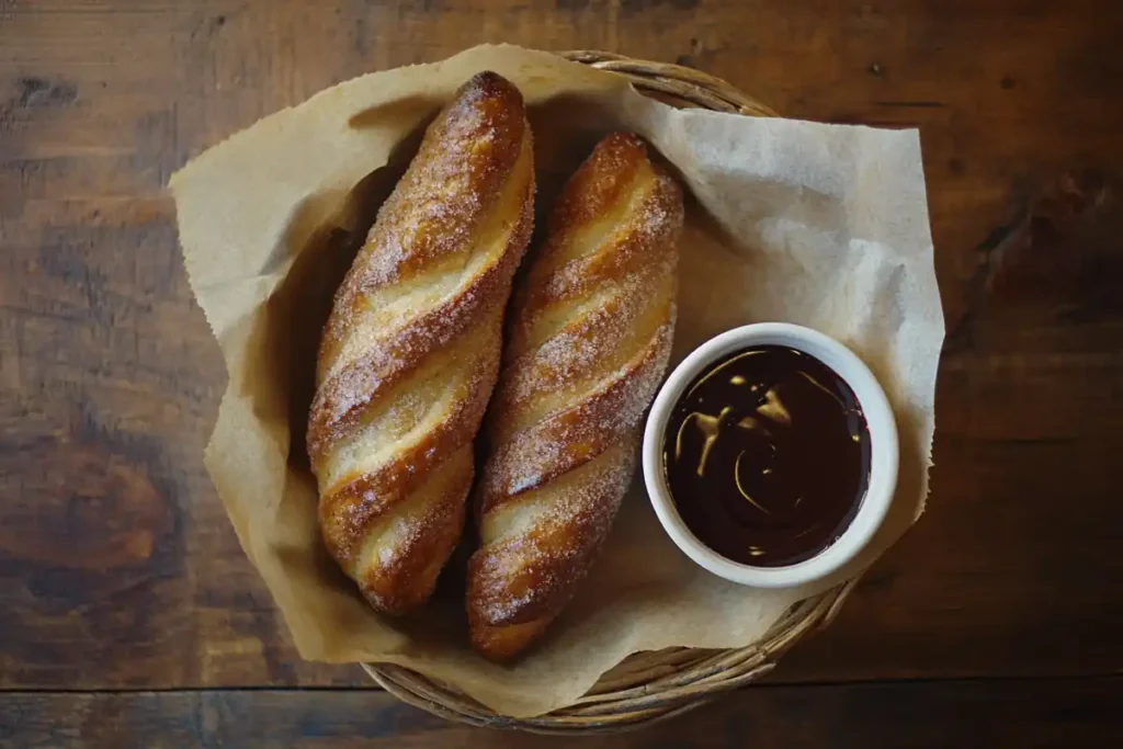 Air fryer churros with chocolate sauce.