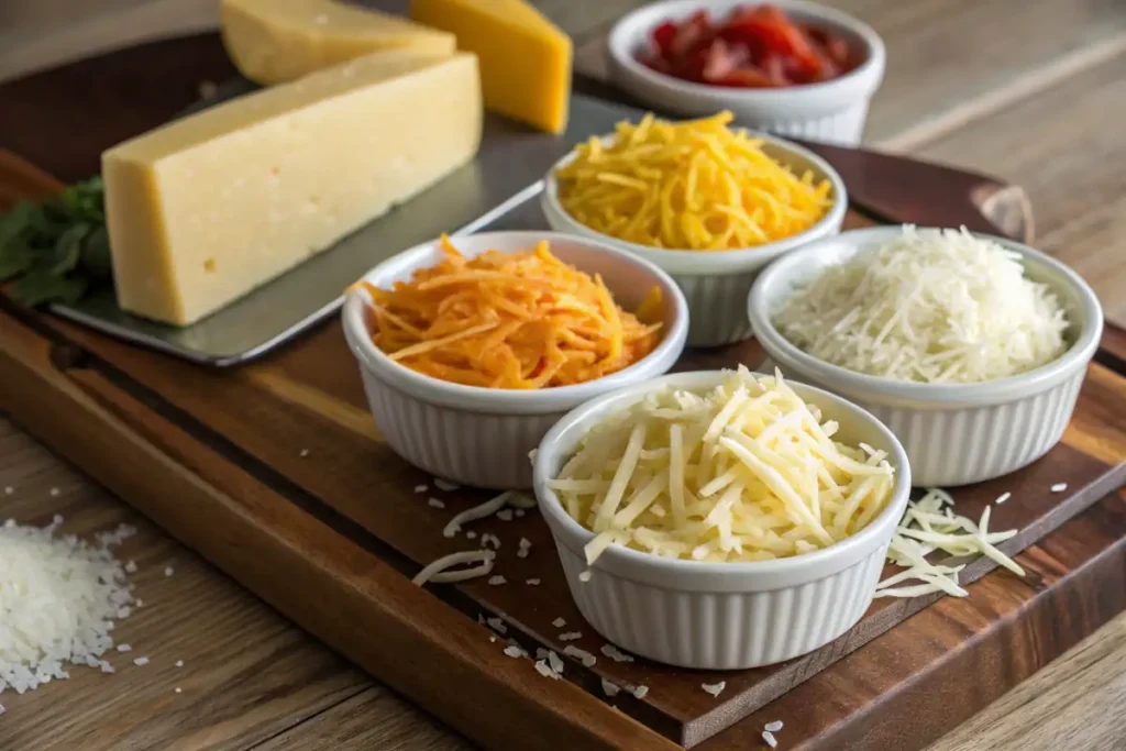 Bowls of shredded cheeses with a plate of white rice.