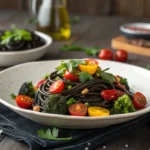 A plate of black bean pasta served with fresh vegetables on a rustic table