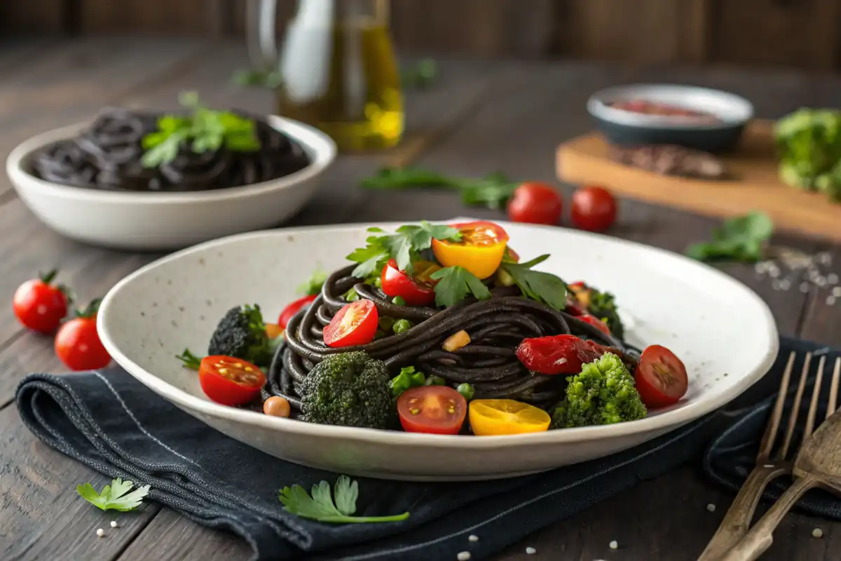 A plate of black bean pasta served with fresh vegetables on a rustic table