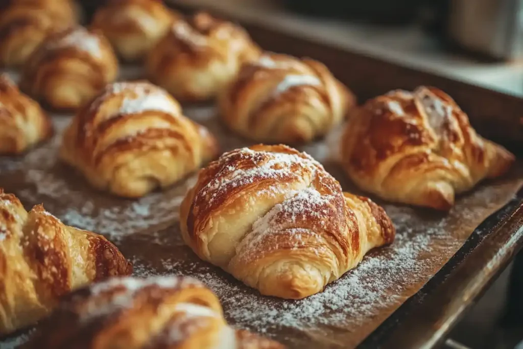 Close-up of golden puff pastry apple turnovers with sugar glaze and cinnamon dust.