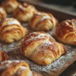 Close-up of golden puff pastry apple turnovers with sugar glaze and cinnamon dust.