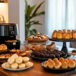 Assortment of air fryer desserts on a rustic table.