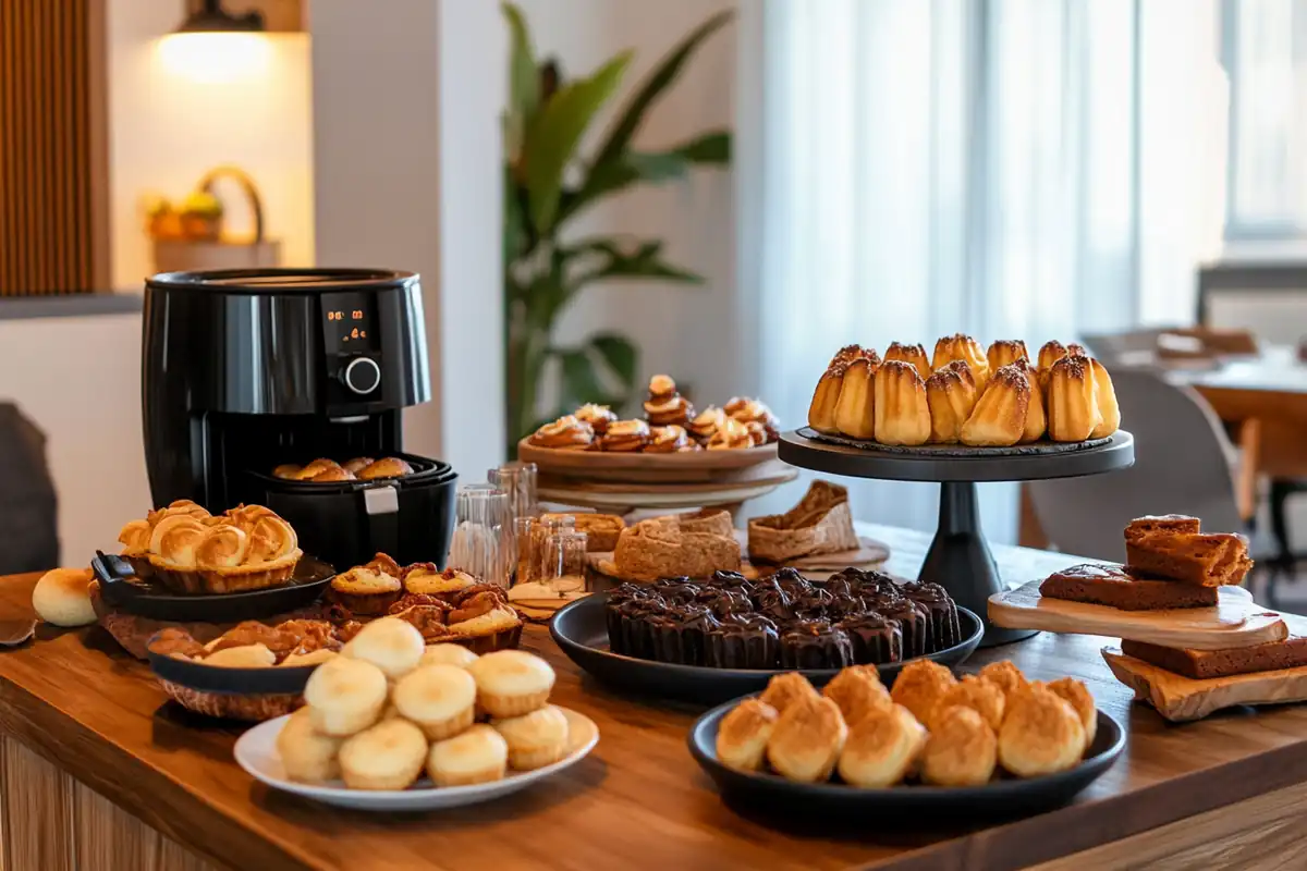 Assortment of air fryer desserts on a rustic table.