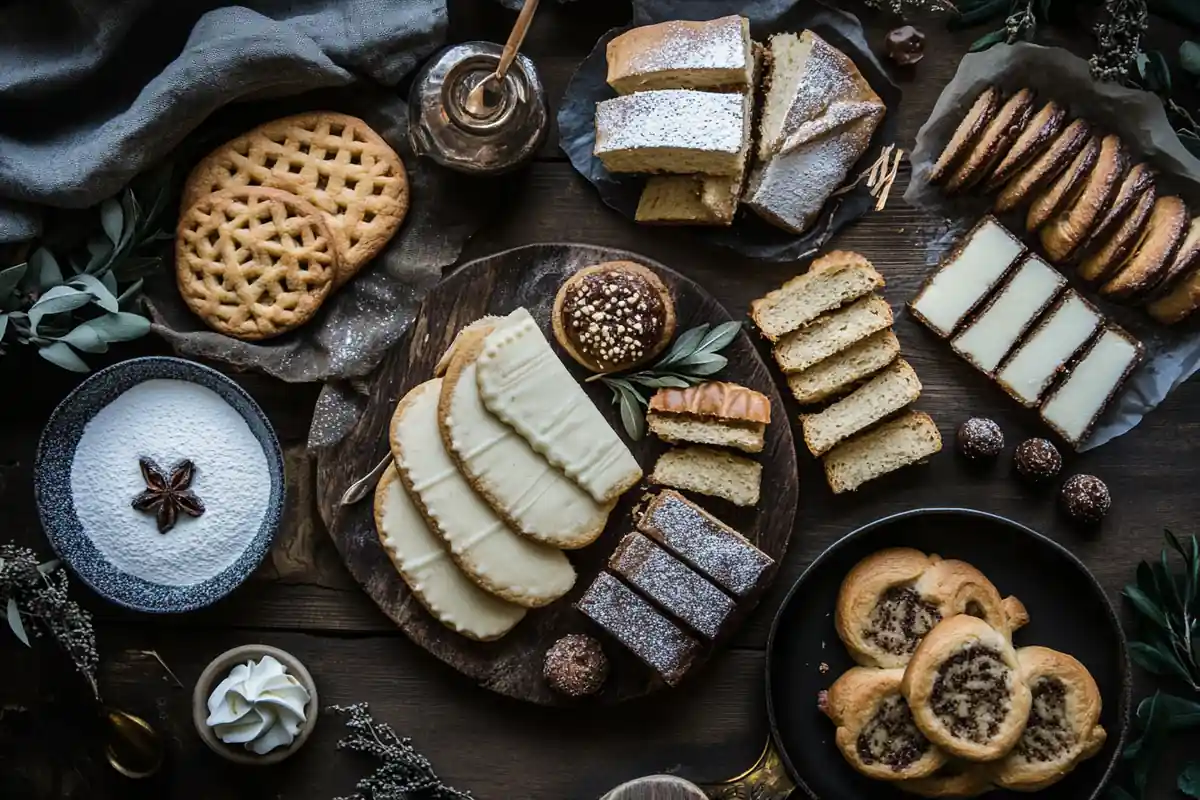 A variety of bread flour desserts including cookies, cinnamon rolls, and babka on a rustic table.