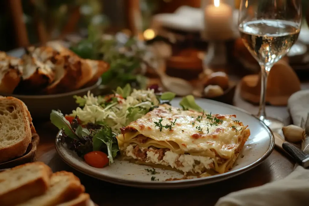 Perfectly baked Barilla lasagna with golden-brown cheese and Italian decor.