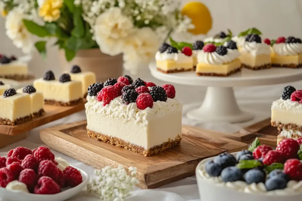 A rustic dessert table with cottage cheese desserts like lemon bars, parfaits, and cheesecake cups.