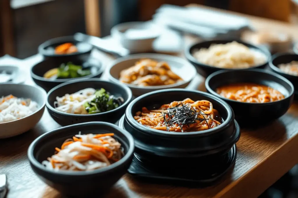 Traditional Korean bapsang with rice, banchan, and soup.