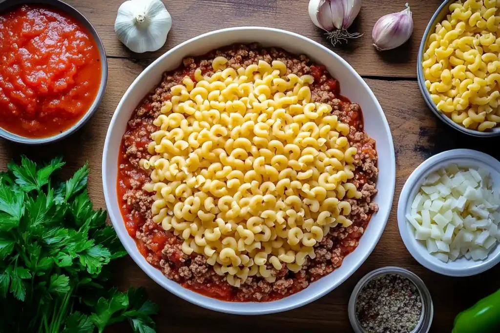 Ingredients for making beefaroni laid out on a kitchen countertop.