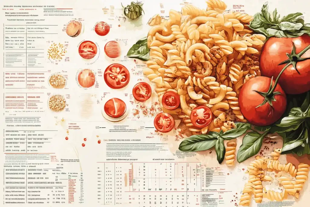 Nutritional chart of beefaroni with calorie and protein details.