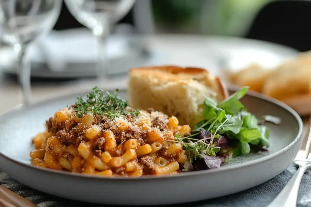 A plated beefaroni dish with garlic bread and a salad.