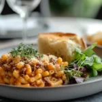 A plated beefaroni dish with garlic bread and a salad.