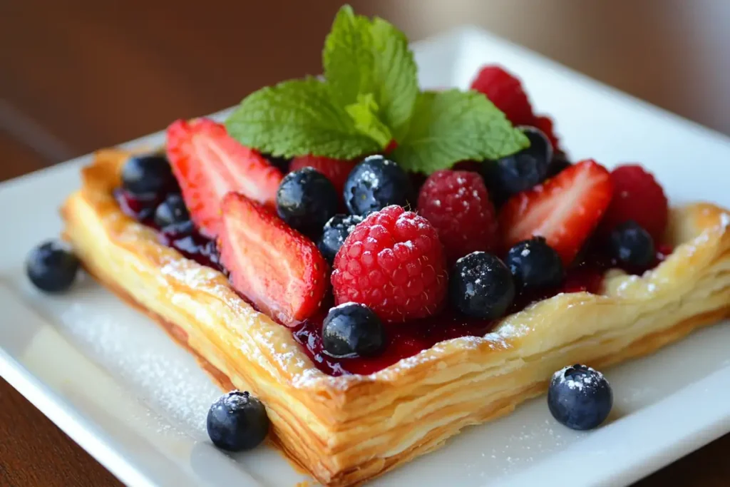 A vibrant berry tart with strawberries, blueberries, and raspberries on flaky puff pastry.