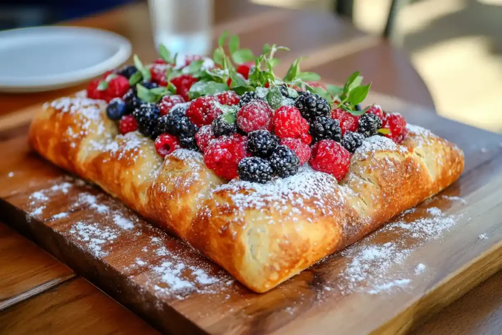 Sweet focaccia topped with berries and powdered sugar.