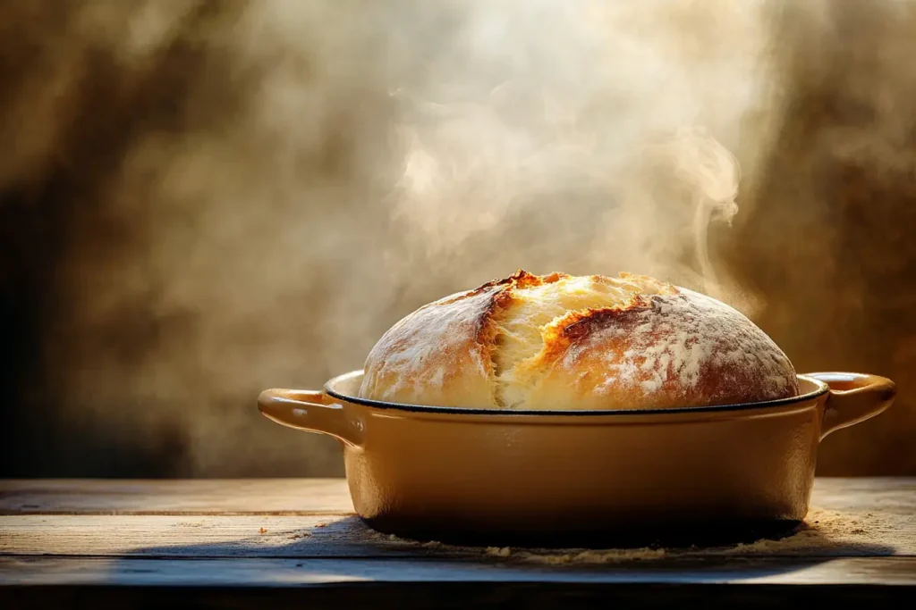 Artisan bread fresh out of a cocotte pan with a golden crust.