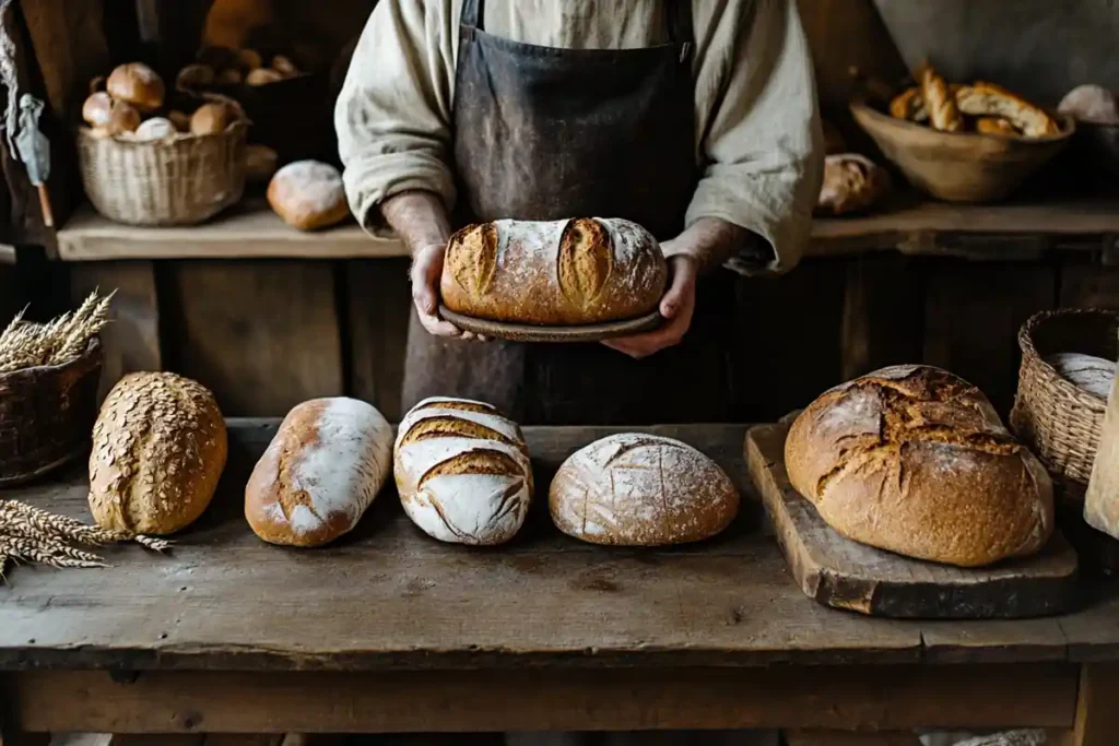 Medieval baker surrounded by different types of bread.