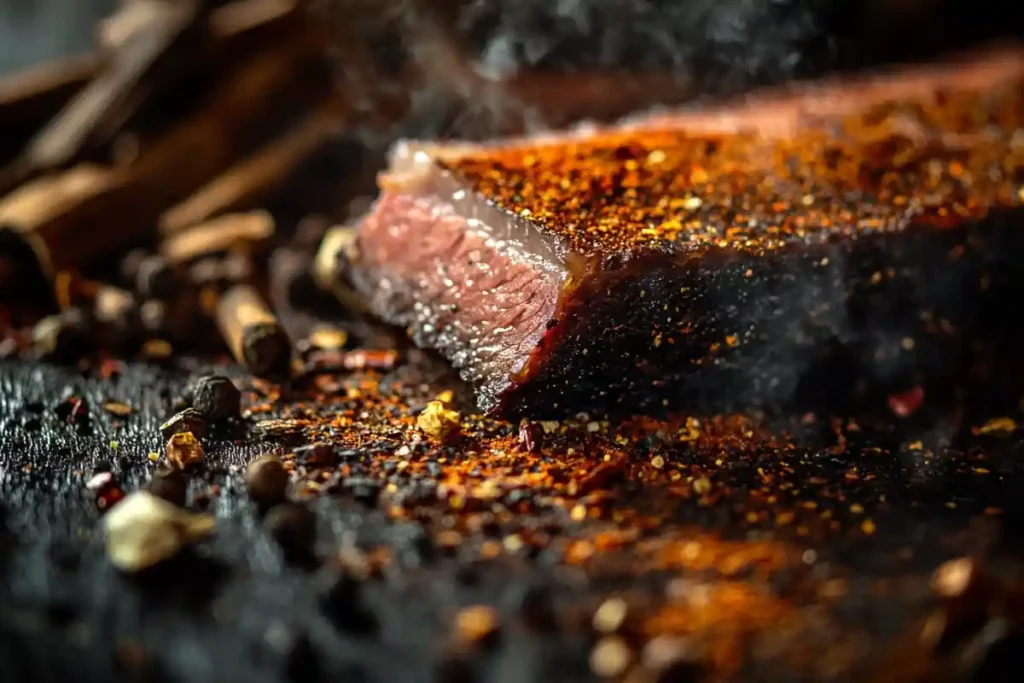 Close-up of brisket with pink smoke ring.