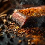 Close-up of brisket with pink smoke ring.