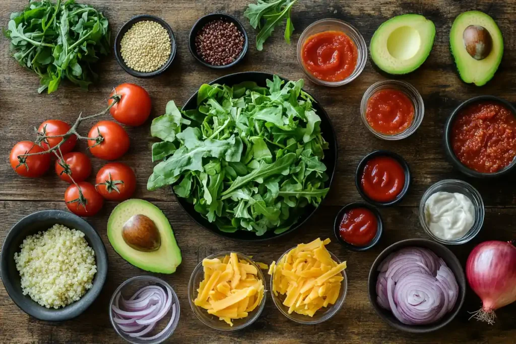 Fresh ingredients for a burger bowl arranged on a table