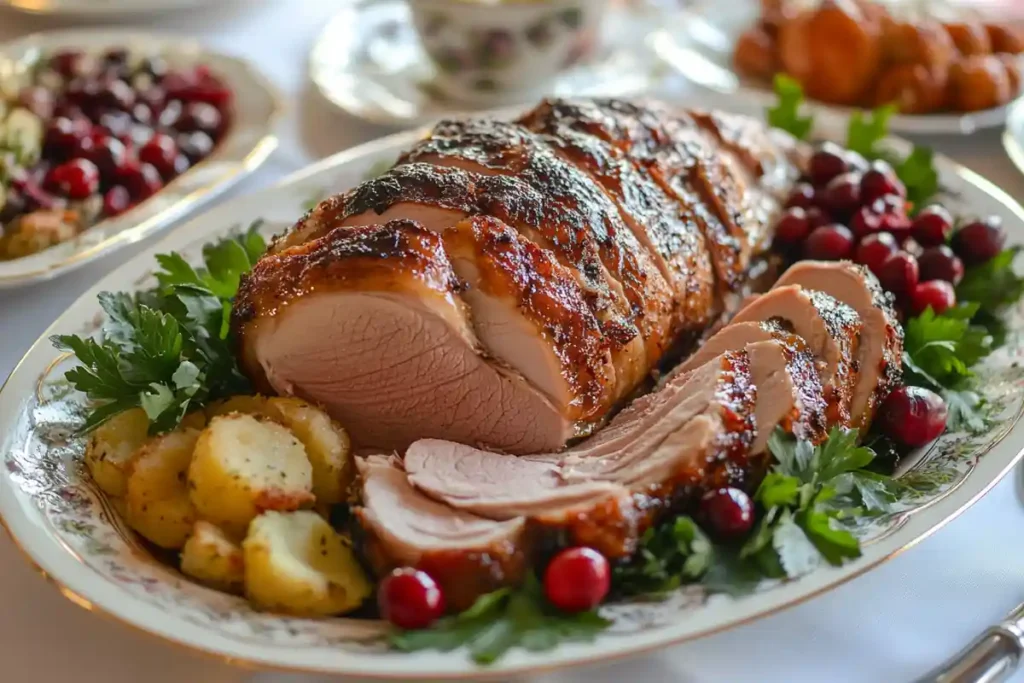 Sliced turkey with juicy meat and crispy skin served on a plate.