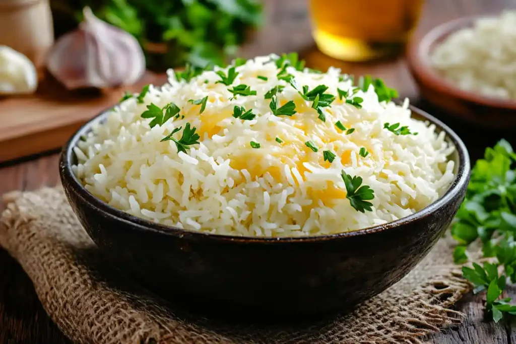 A bowl of cheesy rice topped with parsley on a rustic kitchen counter.