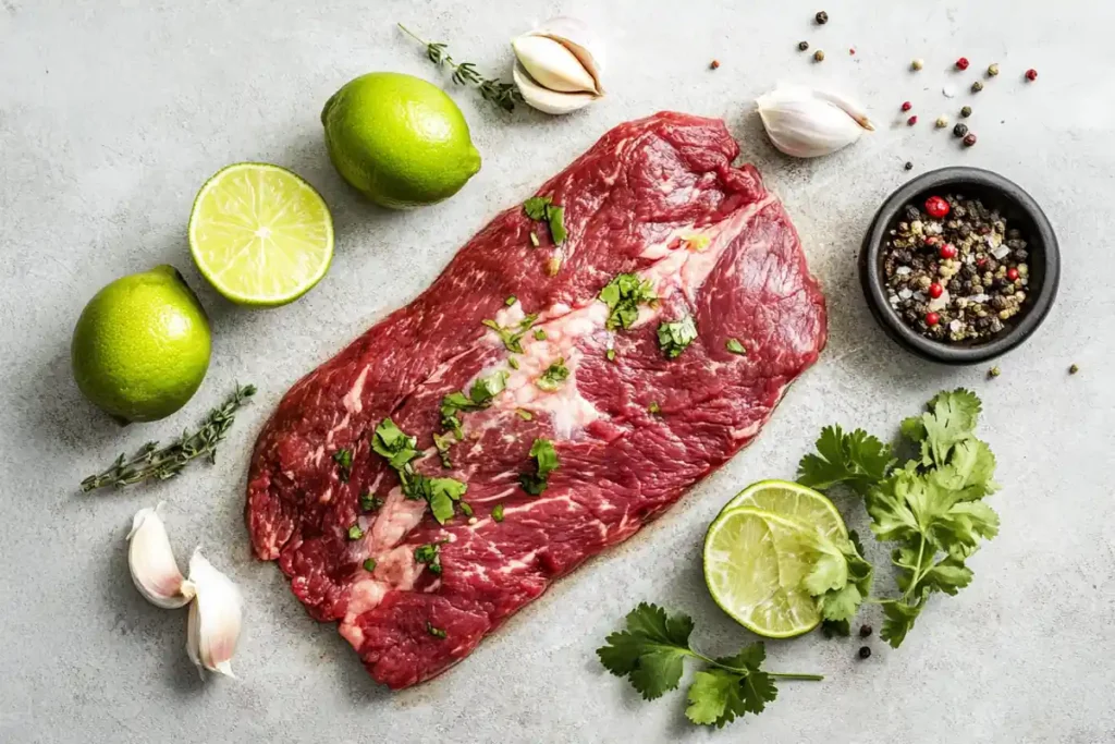 Ingredients for Chipotle steak recipe including steak, chipotle peppers, and lime.