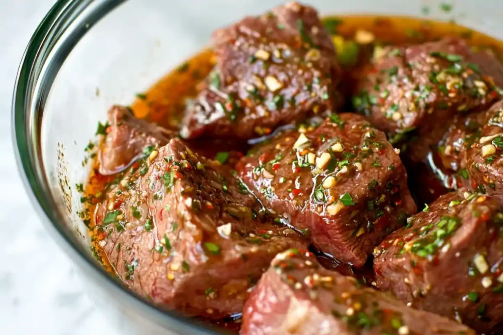 Steak marinating in chipotle sauce with herbs and lime zest.