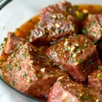 Steak marinating in chipotle sauce with herbs and lime zest.