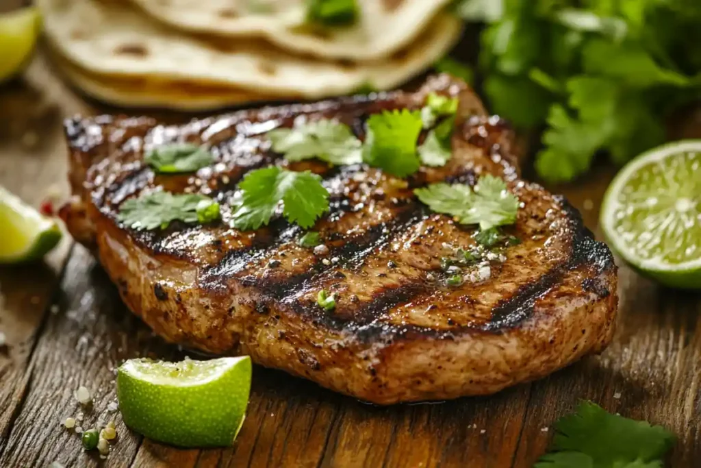 A perfectly grilled chipotle steak with lime wedges and tortillas.