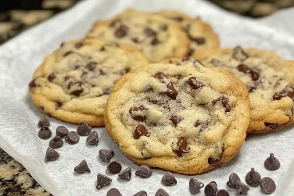 Chocolate chip cookies made with bread flour on parchment paper.