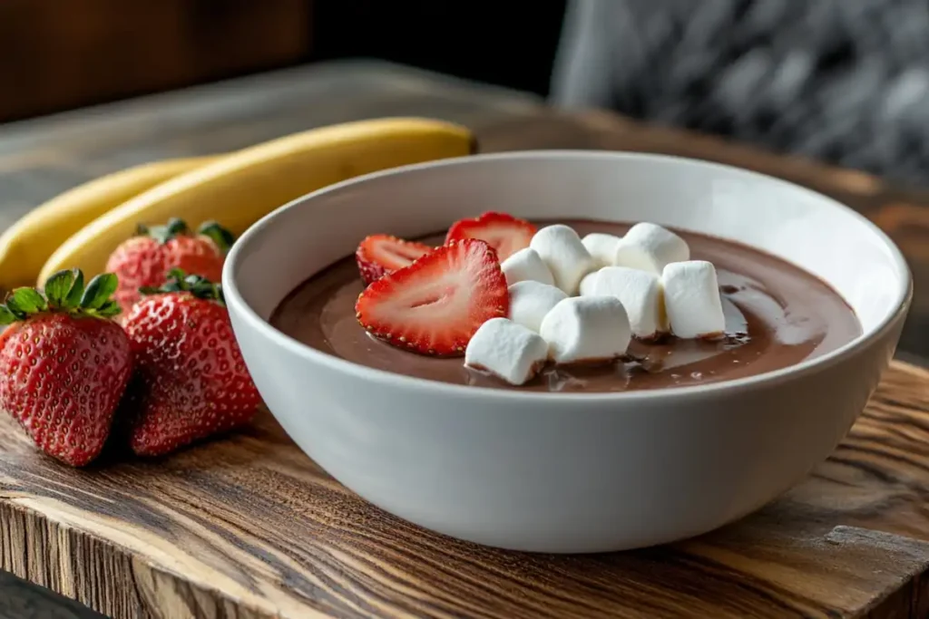 Classic chocolate fondue dip with strawberries and bananas.