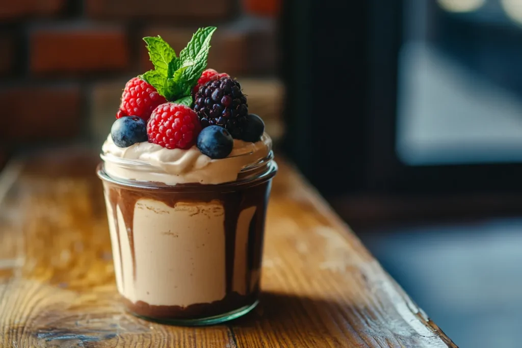 Sugar-free chocolate mousse topped with berries and mint in a glass jar.