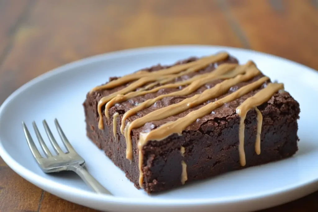 Chocolate protein brownie with almond butter drizzle.