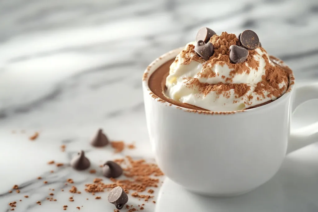 Freshly baked chocolate protein mug cake with toppings.