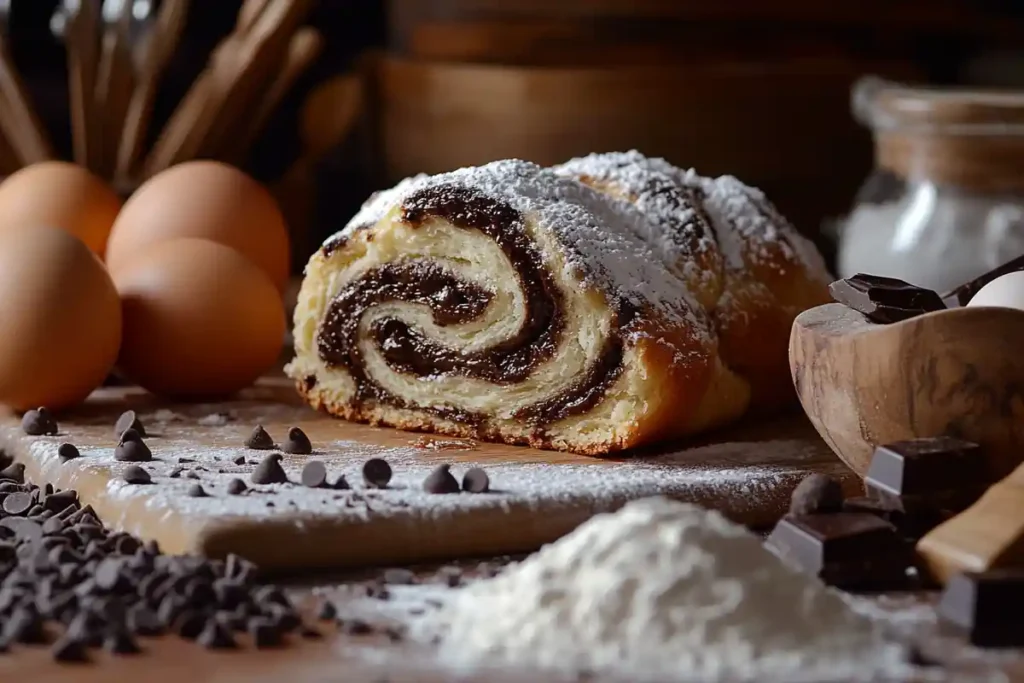 Freshly baked chocolate babka with swirls.