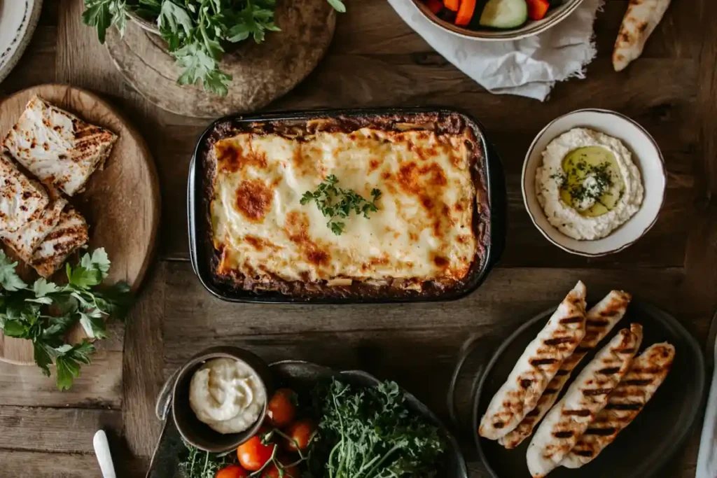 Traditional Greek main dishes moussaka and souvlaki with sides.