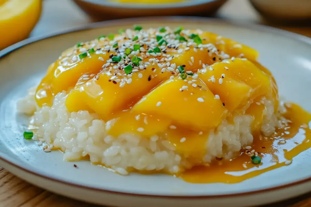 Mango Sticky Rice with coconut sauce, ripe mango, and sesame seeds.