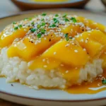 Mango Sticky Rice with coconut sauce, ripe mango, and sesame seeds.