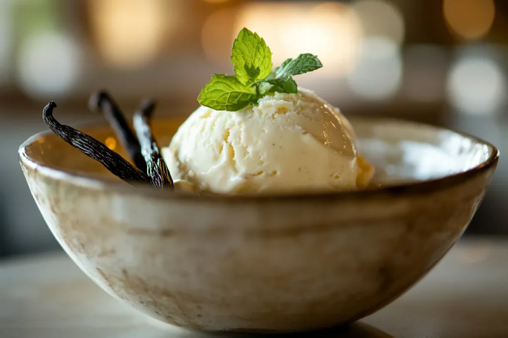 A scoop of vanilla bean ice cream in a ceramic bowl