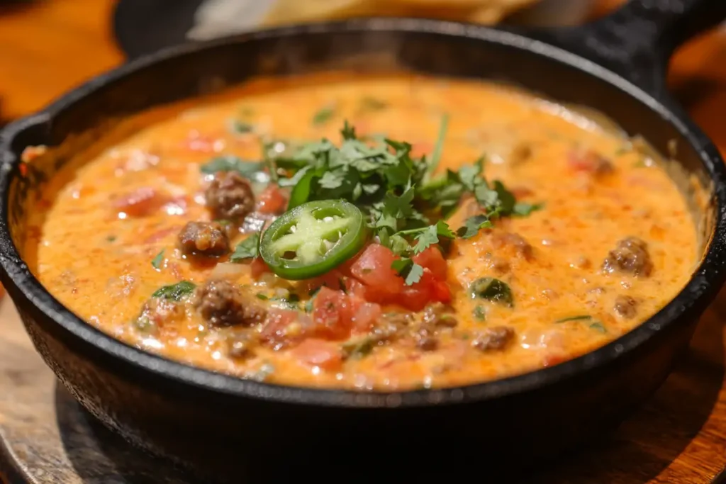 Bubbling smoked queso with sausage and jalapeños.