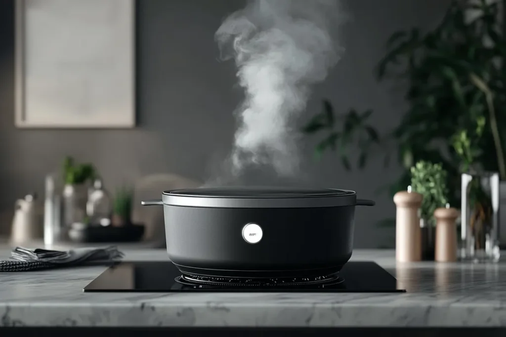 A sleek cocotte cooking a casserole, with steam rising, on a stovetop.