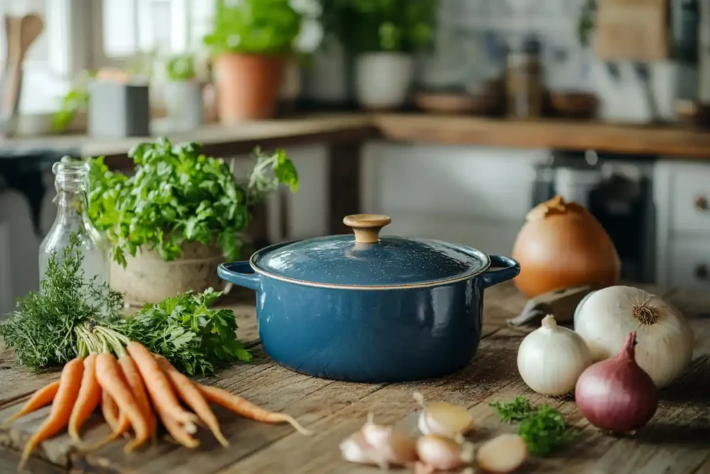 Enamel-coated cocotte pan on a wooden kitchen countertop with fresh vegetables and a rustic background