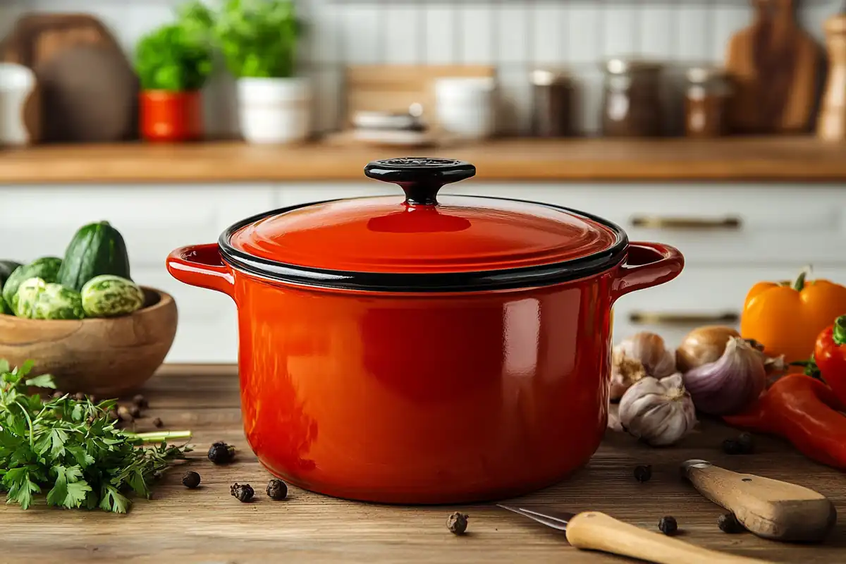 An enameled cocotte set on a kitchen table with fresh ingredients.