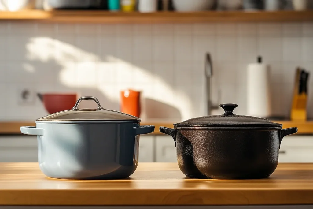 Cocotte pan and Dutch oven side-by-side showcasing design differences.