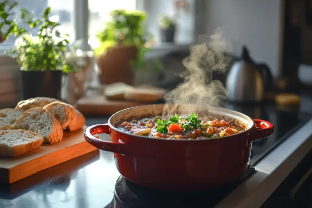 A red cocotte filled with steaming stew next to fresh bread.