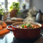 A red cocotte filled with steaming stew next to fresh bread.